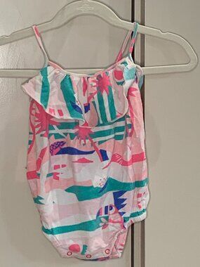 Egg Baby Tropical Bubble Romper 6M Pink Teal Palm Print Ruffle One Piece